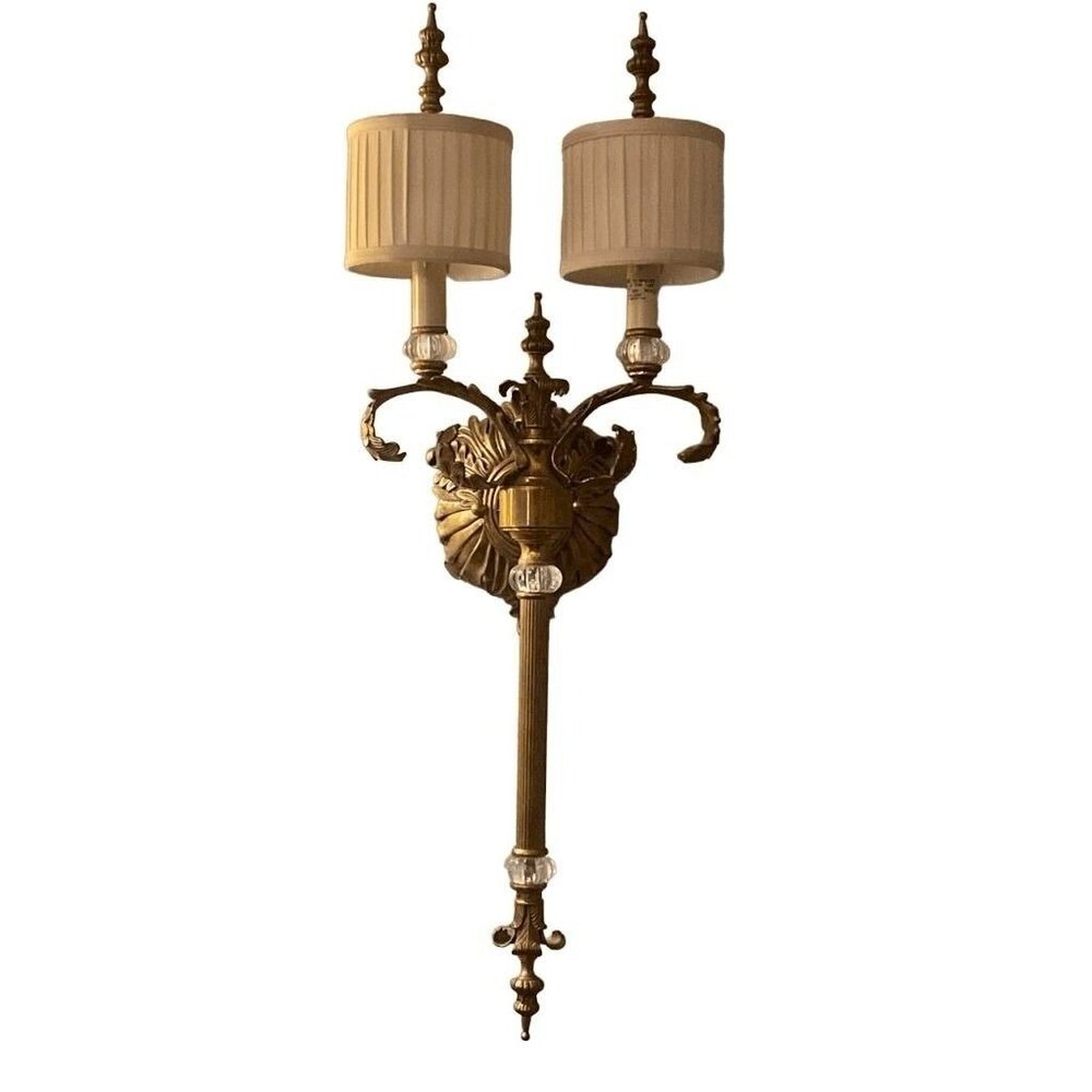 Biedemeier Style Torchiere Two Light Brass Sconce with Shades